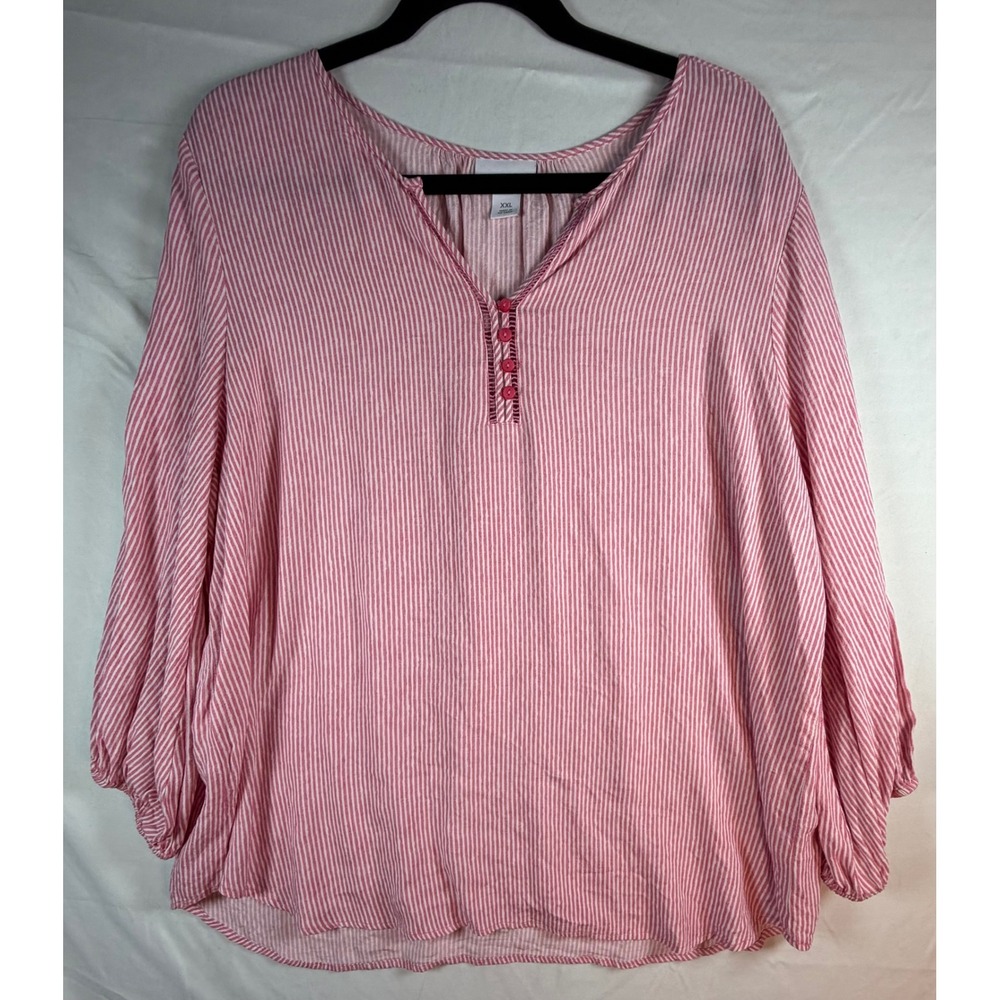 Liz Claiborne Pink White Striped Henley Blouse XXL Long Sleeve Rayon Top lightwt